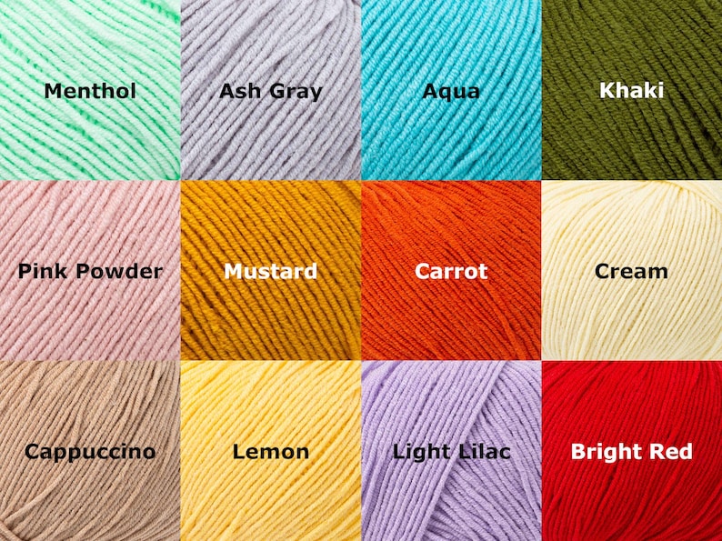 May include: A close-up of twelve skeins of yarn in various colors. Colors include menthol, ash gray, aqua, khaki, pink powder, mustard, carrot, cream, cappuccino, lemon, light lilac, and bright red. Each skein has a label with the color name.
