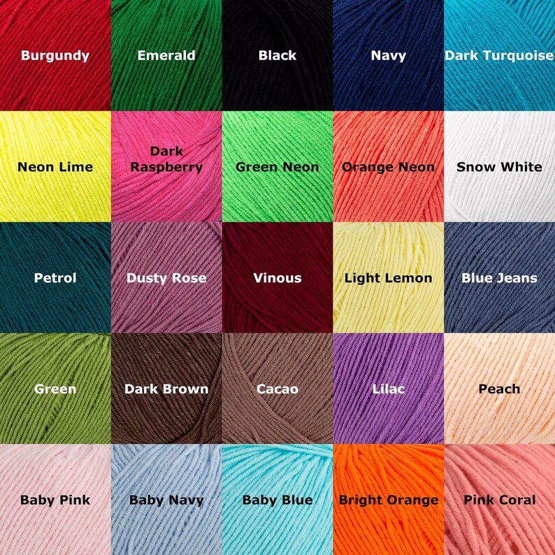 May include: A color chart featuring swatches of yarn in various colors, including burgundy, emerald, black, navy, and dark turquoise. Other colors include neon lime, dark raspberry, green neon, orange neon, and snow white. The chart also shows petrol, dusty rose, vinous, light lemon, and blue jeans.