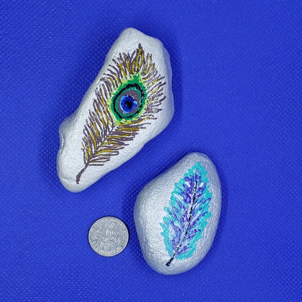 Memorial Garden, Feather rocks, Courage rock, painted rock, decorative rock, peacock feather, hand painted, pebble art, stone art