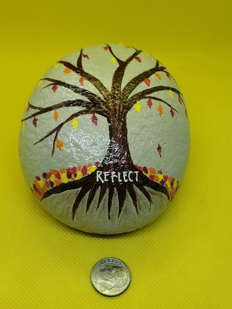 Memorial garden, sympathy gift, tree of life rock, painted rock, autumn tree, fall decor, decorative stone, paperweight, garden stone, image 1