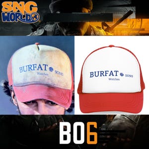 May include: A red and white trucker hat with a blue logo that says "Burfat Sons Watches" and a small rose graphic.