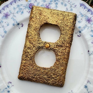 Könnte beinhalten: Eine goldfarbene Steckdosenabdeckung mit strukturierter Oberfläche. Die Abdeckung hat zwei Standard-Steckdosenöffnungen und eine einzelne Schraube in der Mitte.
