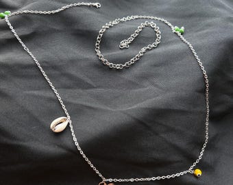 Handmade Silver Belly Chain with Puerto Rico Sol De Taino Charm, Cowrie Shells & Evil Eye- Personalized Maw Maw Sit Sit Waist Jewelry