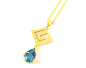 Meander Necklace with London Blue Topaz/Meander 9K14K 18K Solid Gold Necklace Rose Gold Yellow Gold White Gold/ Ancient Greek