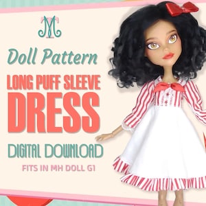May include: A doll wearing a dress with red and white vertical stripes on the long puff sleeves and bodice, paired with a solid white skirt featuring a red and white striped ruffle hem. The doll has black curly hair and a red hair bow.