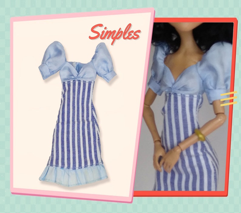 May include: A doll dress featuring a light blue bodice with short puff sleeves and a sweetheart neckline. The skirt section has a vertical blue and white striped pattern with a light blue ruffled hem. The word Simples is printed in red script.