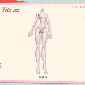 May include: A pale, articulated doll body with ball joints at the shoulders, elbows, wrists, hips, knees, and ankles. The text "Fits in:" appears in the upper left corner, and the text "MH G1" is centered at the bottom of the frame.