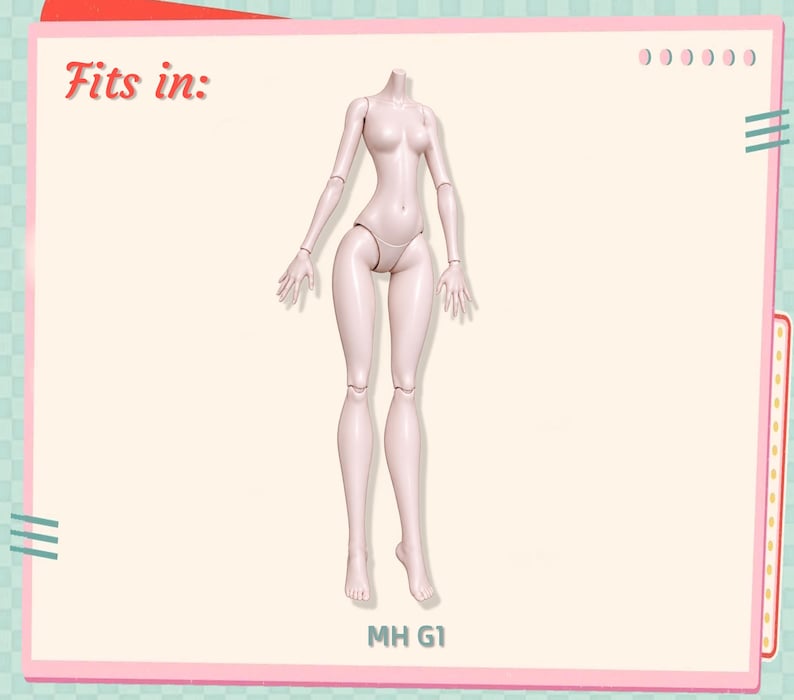 May include: A pale, articulated doll body with ball joints at the shoulders, elbows, wrists, hips, knees, and ankles. The text "Fits in:" appears in the upper left corner, and the text "MH G1" is centered at the bottom of the frame.