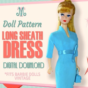 Könnte beinhalten: Ein digitales Download-Muster für ein langes blaues Etuikleid für eine Vintage-Barbie-Puppe. Das Muster heißt "Long Sheath Dress" und ist ein digitaler Download. Das Muster passt zu Vintage-Barbie-Puppen.