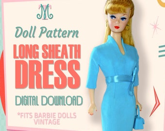 Könnte beinhalten: Ein digitales Download-Muster für ein langes blaues Etuikleid für eine Vintage-Barbie-Puppe. Das Muster heißt "Long Sheath Dress" und ist ein digitaler Download. Das Muster passt zu Vintage-Barbie-Puppen.
