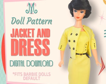 Könnte beinhalten: Ein digitales Download-Muster für eine gelbe Jacke und ein Kleid für eine Barbie-Puppe. Das Muster heißt "MC Doll Pattern Jacket and Dress".