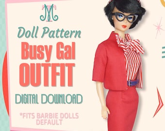 Könnte beinhalten: Ein digitales Download-Muster für ein rot-weiß gestreiftes Outfit für eine Puppe. Das Muster heißt "Busy Gal Outfit" und ist für Barbie-Puppen konzipiert. Das Bild zeigt eine Puppe, die das Outfit trägt.