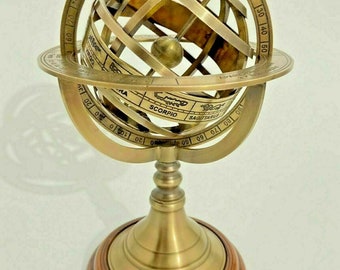 Brass Celestial Globe Antique Brass 8" Nautical Armiliary Sphere Globe With Wooden Base Decor item, Nautical Brass Decor