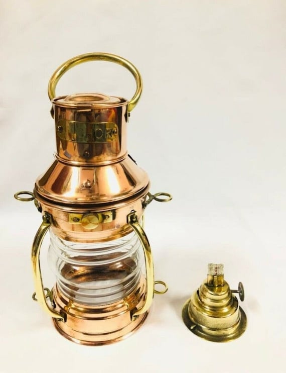 Copper and Brass Nautical Oil Lamp, 10 Ship Lantern, Marine Anchor