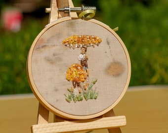 Yellow mushroom hand embroidered hoop with beads