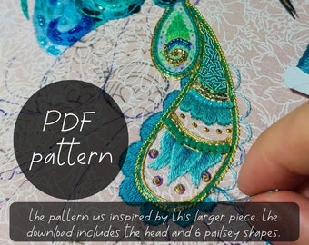 Paisley Pfau inspiriertes herunterladbares Stickmuster
