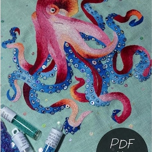 May include: Embroidered octopus with blue and red thread and iridescent sequins on a light green fabric background.  The image also shows small bottles of sequins in various colors.  The text "PDF pattern" is visible in the lower right corner of the image.