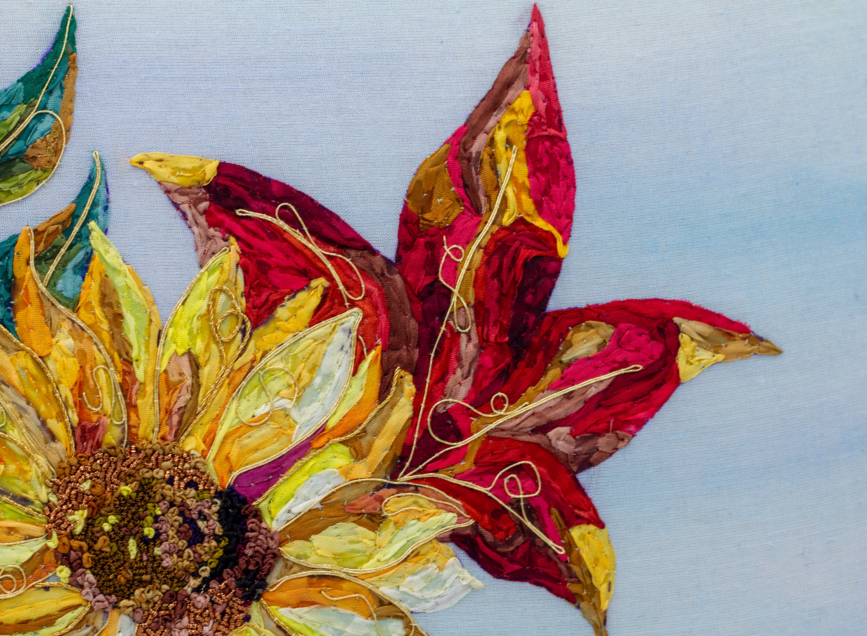 Hand Embroidered Sunflower Leaf Arrangement Etsy UK