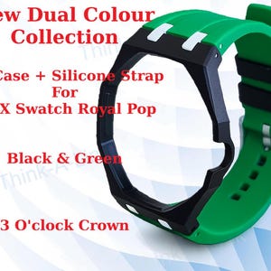May include: A black PC watch case and a green silicone strap for an AP X Swatch Royal Pop watch. The text New Dual Colour Collection, PC Case + Silicone Strap For AP X Swatch Royal Pop, Black & Green, and 3 O'clock Crown is visible.