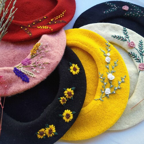 Hand Embroidered 100 Wool Flower French Beret Custom Etsy