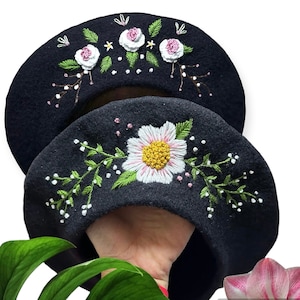 Vintage wool french beret, black hand embroidered 100% wool beret, French Hat Winter Cap Warm Beret, Beret, Gift For her