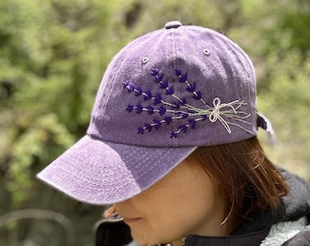 Hand Embroidered Lavender Denim Baseball Cap: Vintage Purple Hat