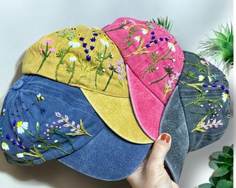 Hand Embroidered Daisy Bee Hat: Floral Baseball Cap
