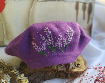 Purple Wool French Beret, Hand Embroidered 100% Wool Beret, Purple Beret, Lavander Beret, Gift For Her, Gift For Christmas Day