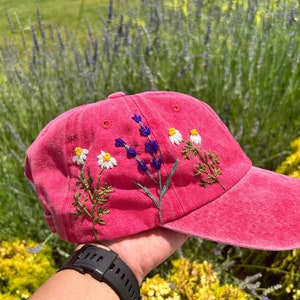 Fuchsia color Hand Embroidered Baseball Hat, Lavender Embroidered Denim Cap, Vintage Hat For Woman, Embroidered Baseball Cap, Birthday Gift