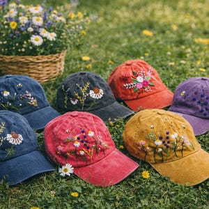Hand Embroidered Daisy Bee Hat: Floral Baseball Cap