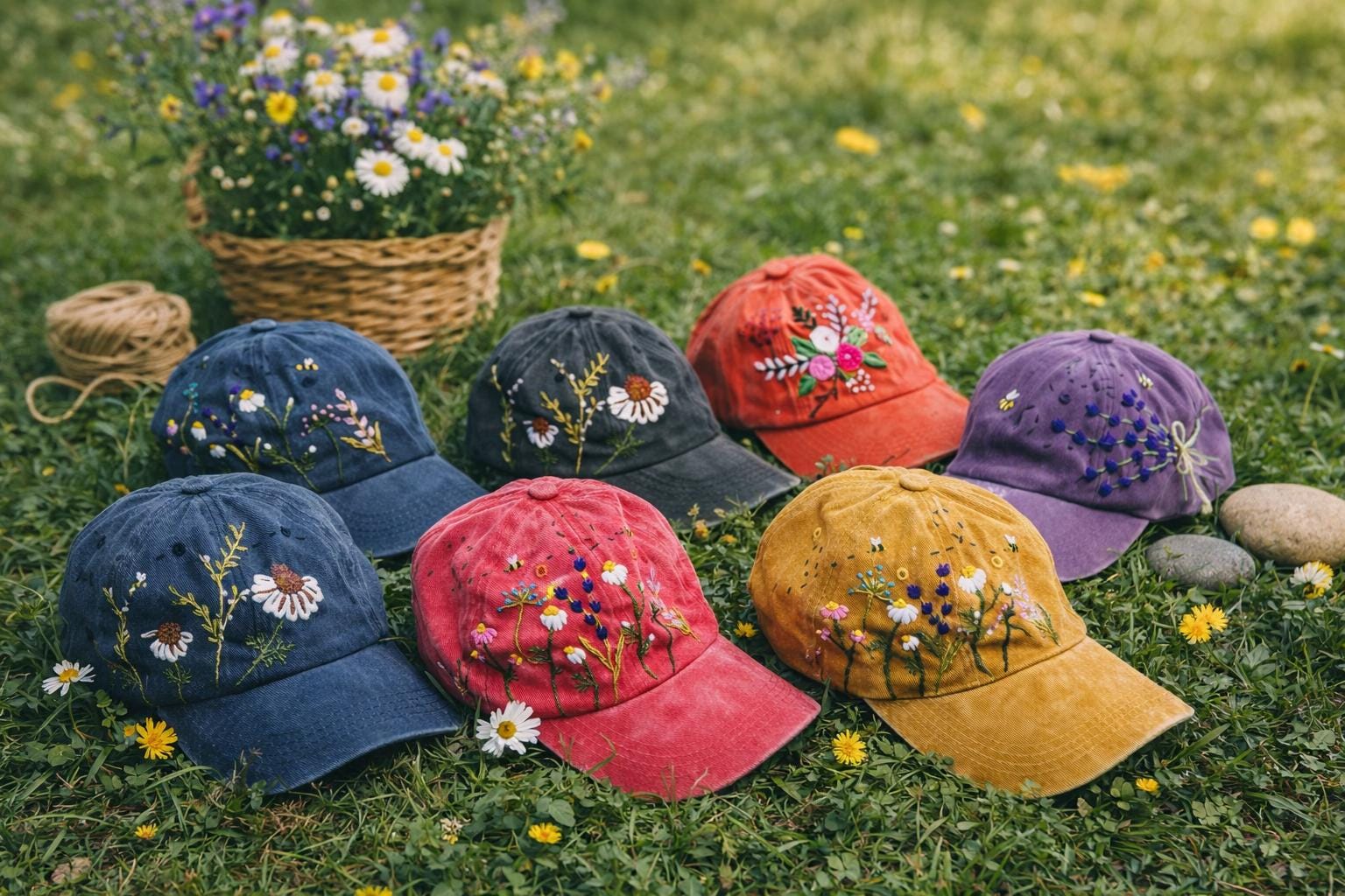 Hand Embroidered Daisy Bee Hat: Floral Baseball Cap - Etsy display picture 2