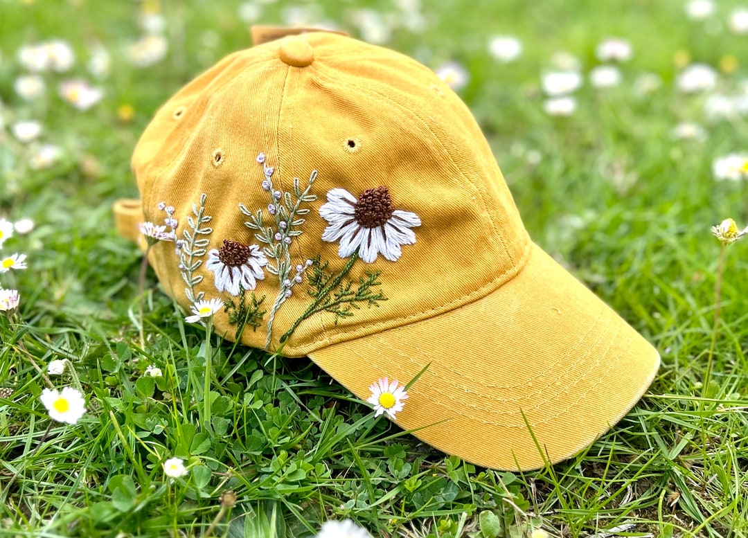 Yellow Baseball Hat Hand Embroidered Hat Daisy Embroidered Etsy
