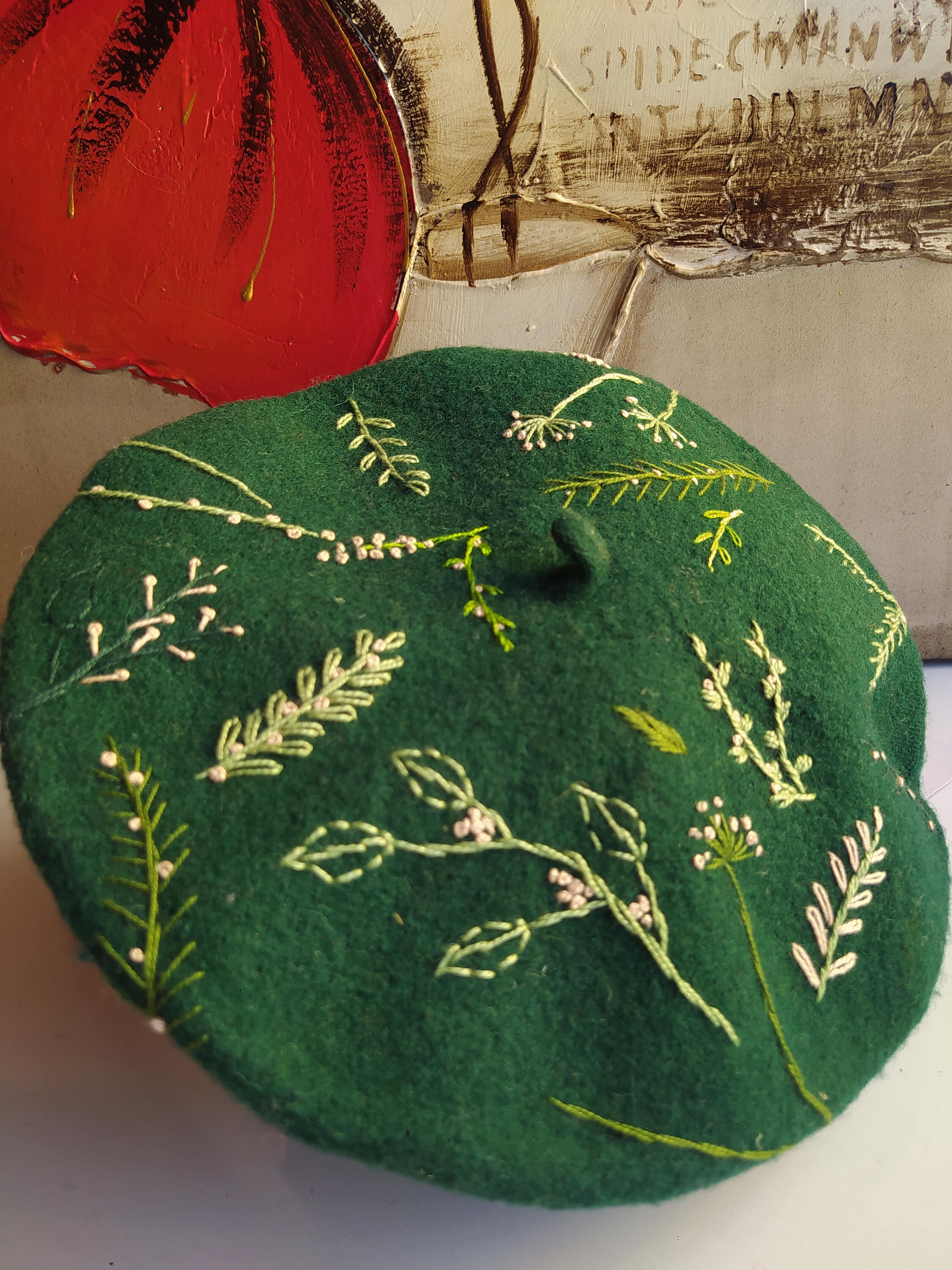 Dark Green French Beret Botanical Embroidered Beret Natural Etsy