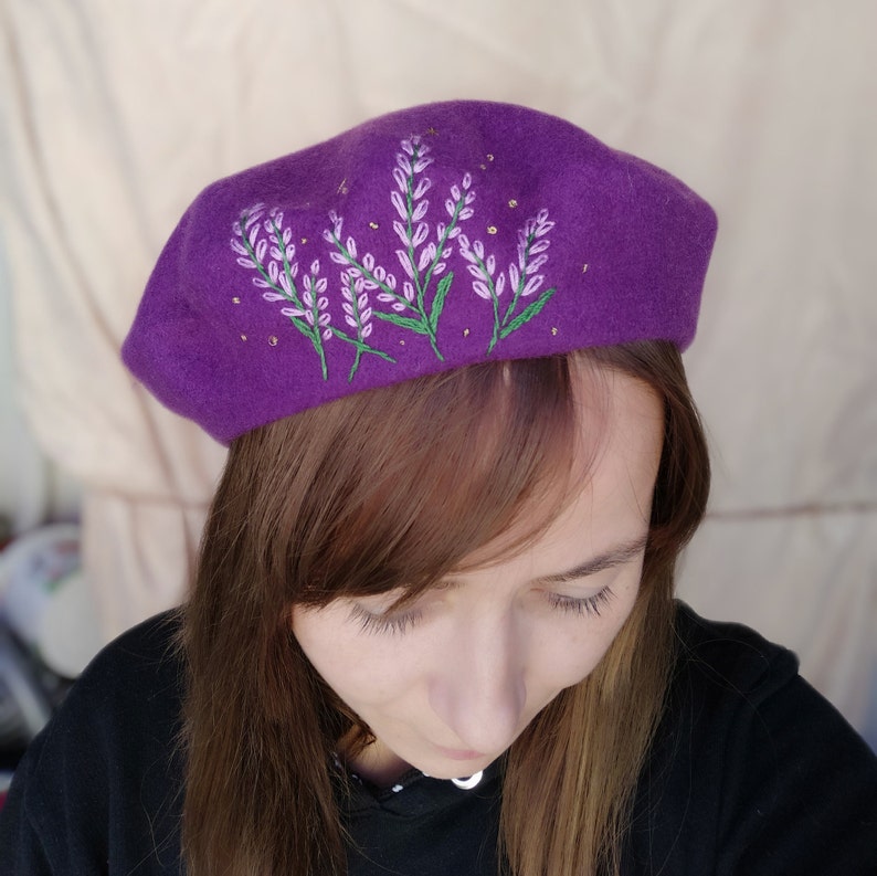 Purple Wool French Beret Hand Embroidered 100 Wool Beret Etsy