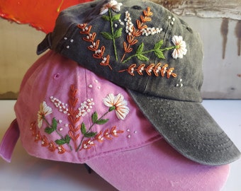 Hand Embroidered Floral Denim Baseball Cap - Vintage Style