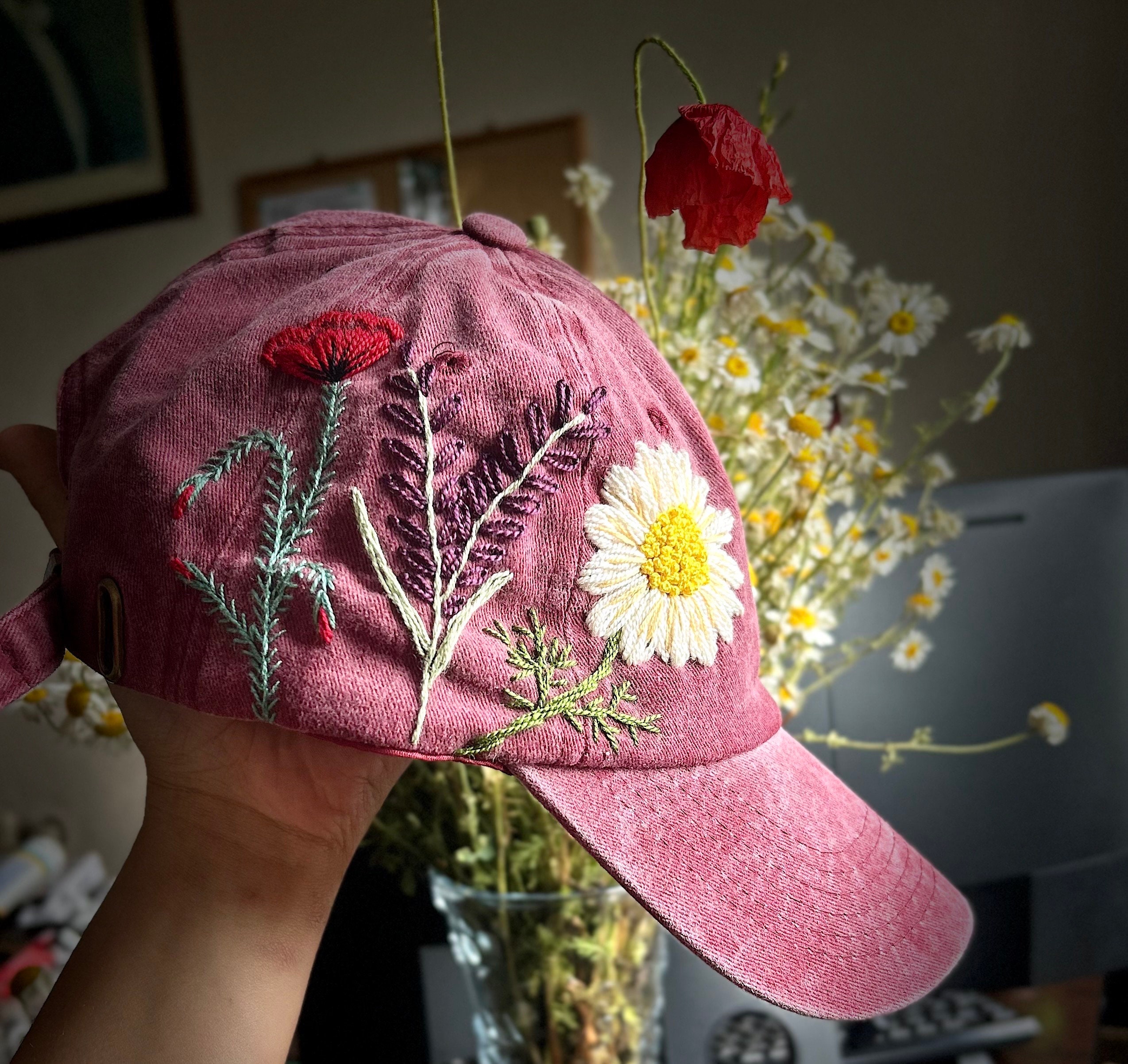 Hand Embroidered Floral Denim Cap: Poppy, Daisy, Lavender