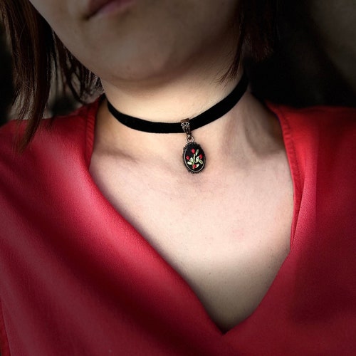 Hand Embroidered Velvet Choker: Botanical Rose Necklace
