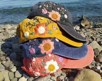 Hand Embroidered Baseball Cap, Floral Embroidered Denim Cap, Vintage Hat For women, Embroidered Baseball Cap, Floral Cap, gift for women