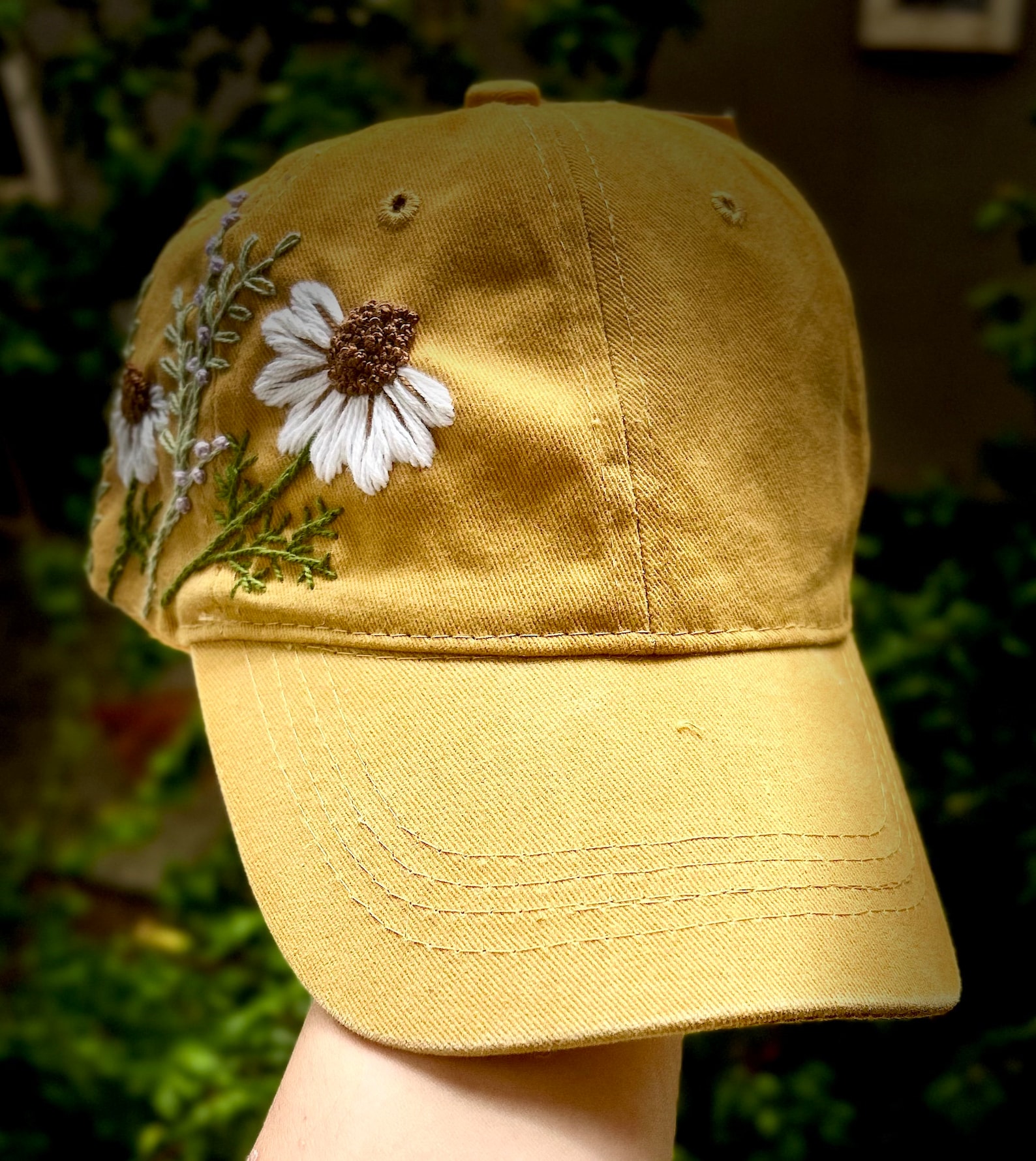 Yellow Baseball Hat Hand Embroidered Hat Daisy Embroidered Etsy