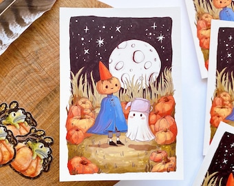 Pumpkin boy and ghost Art Print | Patreon print September 2024 | 12 x 17 cm