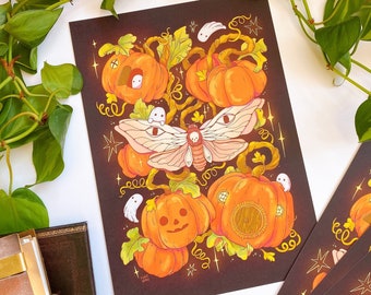 Pumpkin, death moth and ghosts art print | Big Halloween print | A4