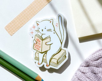 Lectura de pegatina de vinilo mate de gato / Linda pegatina de animal / Pegatina de computadora portátil de alta calidad / Idea de regalo de decoración / Colores pastell