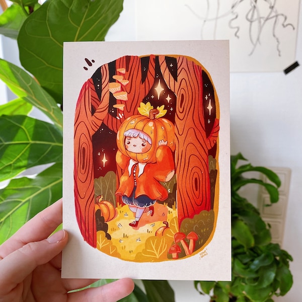 Pumpkin girl art print | Patreon print October 2022 | 12 x 17 cm | Autumn Print | Halloween print