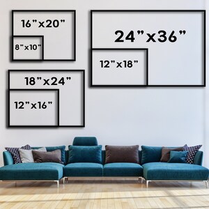 May include: A visual size guide for rectangular wall art featuring black outlines and text labels for dimensions: 8"x10", 16"x20", 12"x16", 18"x24", 12"x18", and 24"x36". The graphic displays these six standard frame sizes against a plain white background.