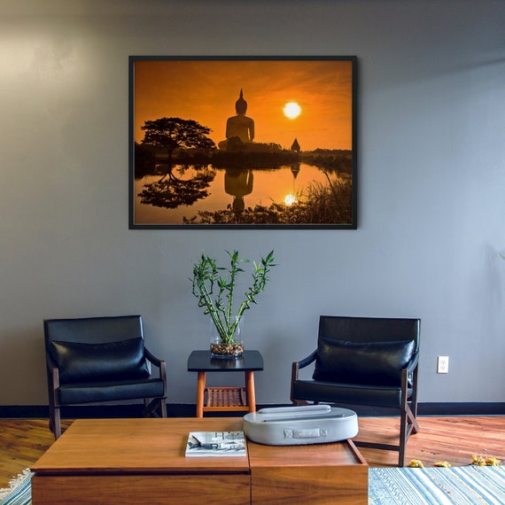 Sunset Buddha Wall Art, Thailand Meditation Print, Framed (189 GSM Paper)