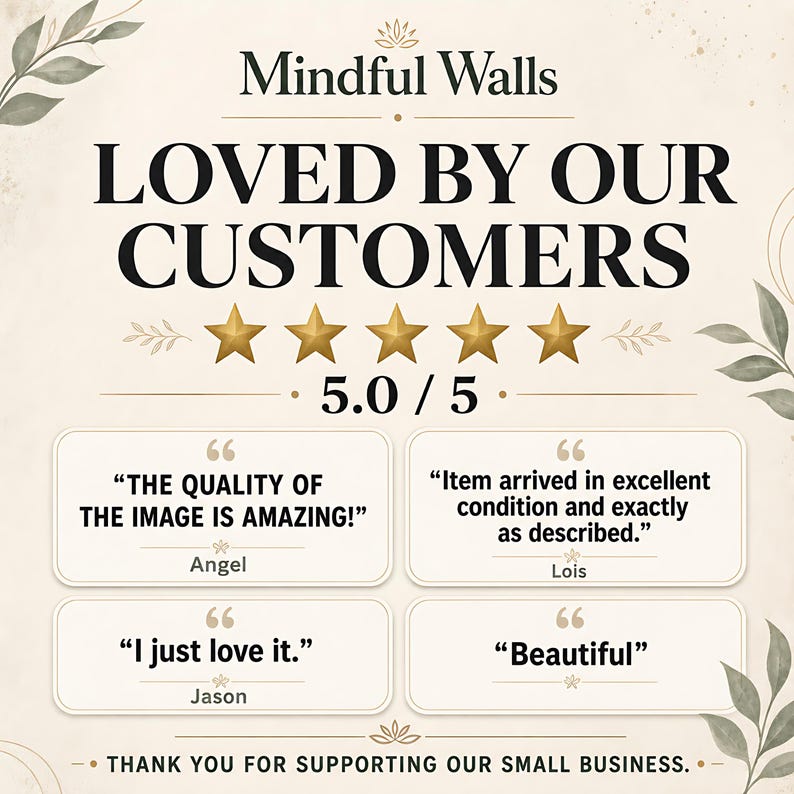 May include: A customer review graphic for Mindful Walls featuring the text LOVED BY OUR CUSTOMERS, a five-star rating of 5.0 / 5, and four testimonials from Angel, Lois, Jason, and an unnamed reviewer, framed by decorative botanical leaf illustrations.