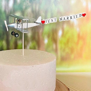 Silver Wedding Airplane Cake topper with custom "Just married" banner.