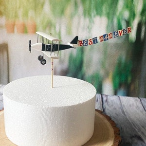Cake Topper Flugzeug mit Banner Best Dad Ever oder einem anderen benutzerdefinierten Text. Vatertag, Geburtstag, kriegerischer Tag, Flugzeug, Tortendekoration