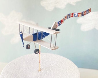 Airplane Birthday Cake Topper with custom name or any text airplane banner. Plane, Biplane, Pilot, Time flies, Travel party decor