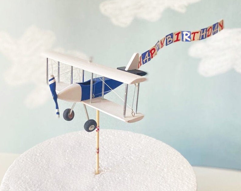 Airplane Birthday Cake Topper with custom name or any text airplane banner Plane Biplane Pilot Time flies Travel party decor